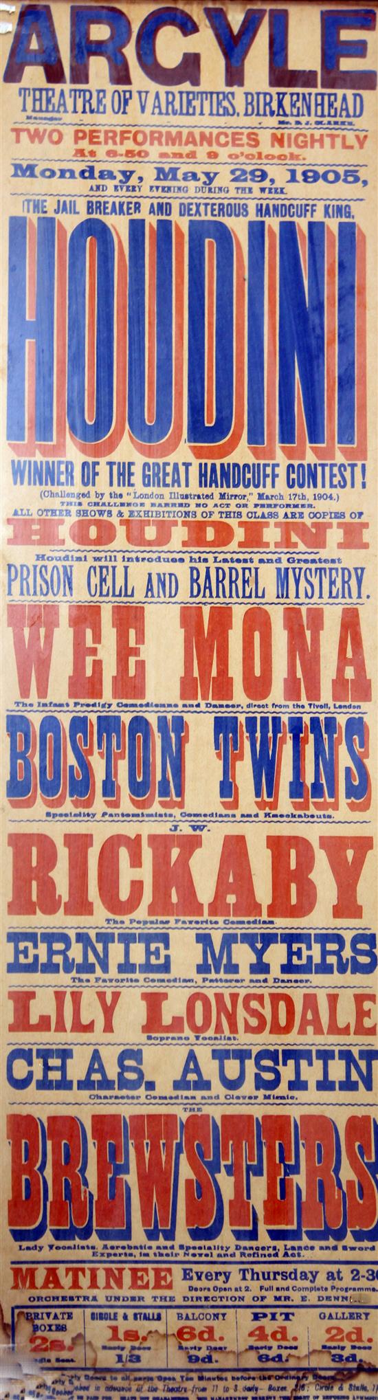 A collection of six Argyle Theatre of Varieties playbills, largest 35 x 11in.